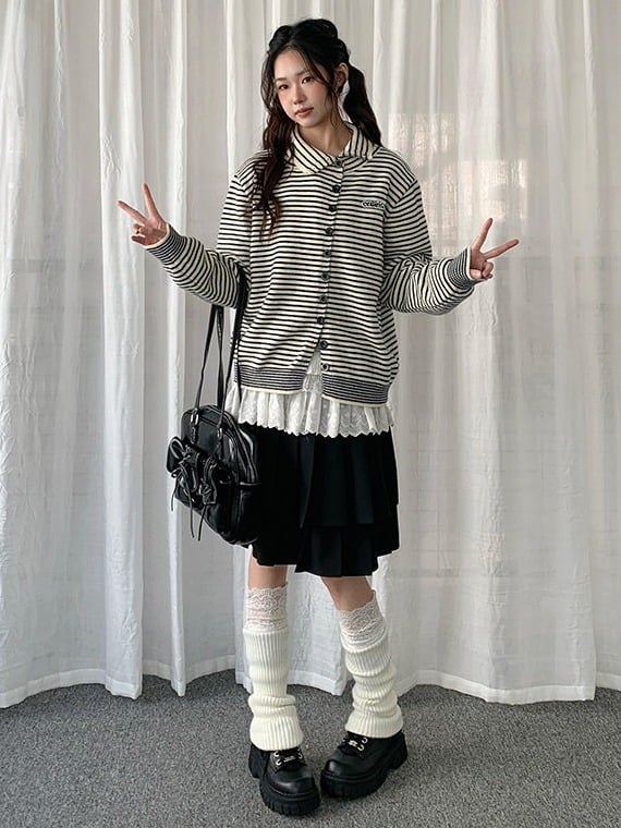 Black White Striped Asymmetrical Cardigan - Solkatt