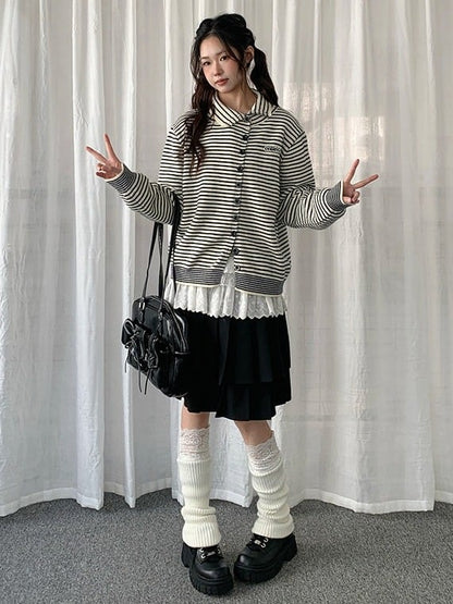 Black White Striped Asymmetrical Cardigan - Solkatt