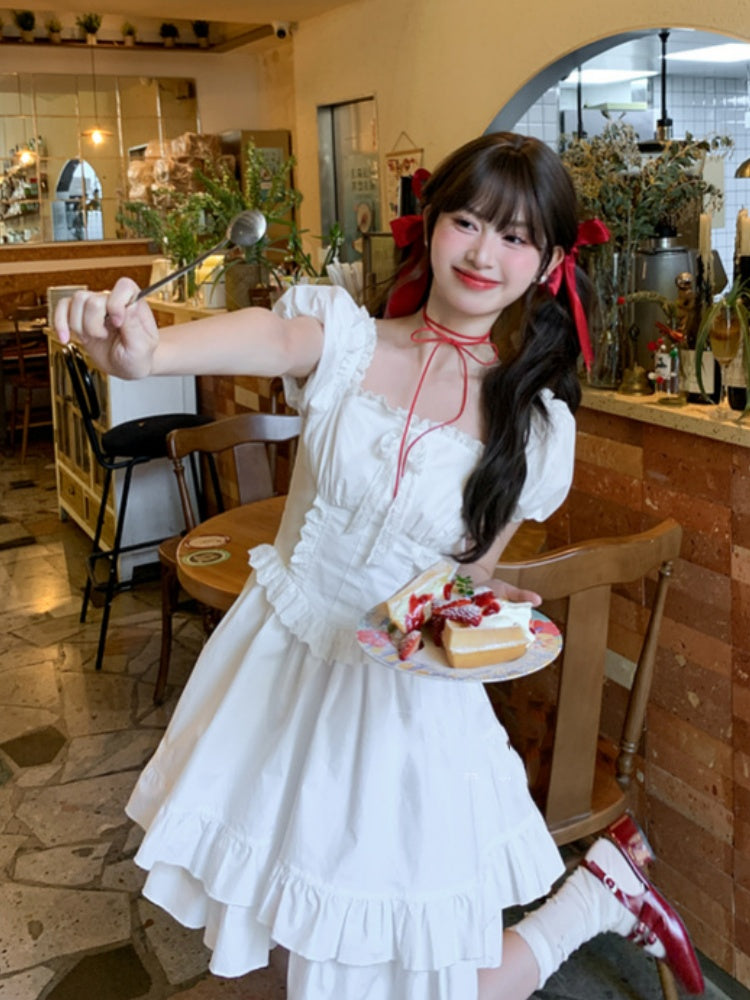 White Ruffled Square Neckline Puff Sleeves Tiered Ruffles Sweet Dress