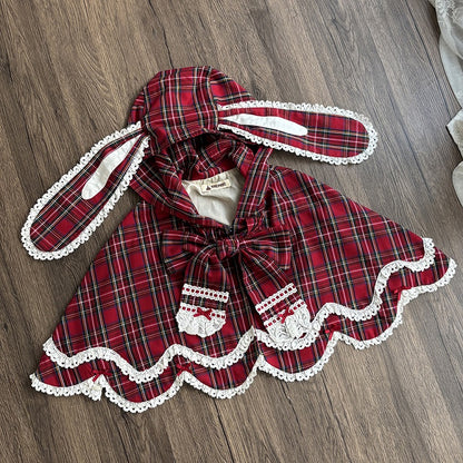 and Plaid Bunny Ears Red Cape Hooded with Petal-like Trim