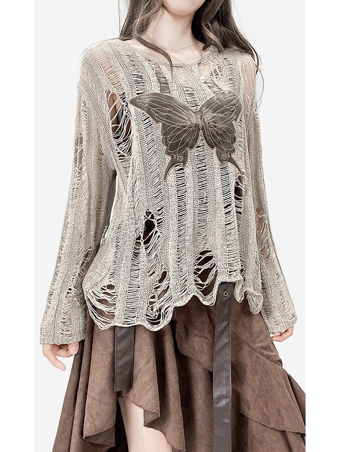 カットアウトバタフライファッションディテールカーキミラードアップリケトップ