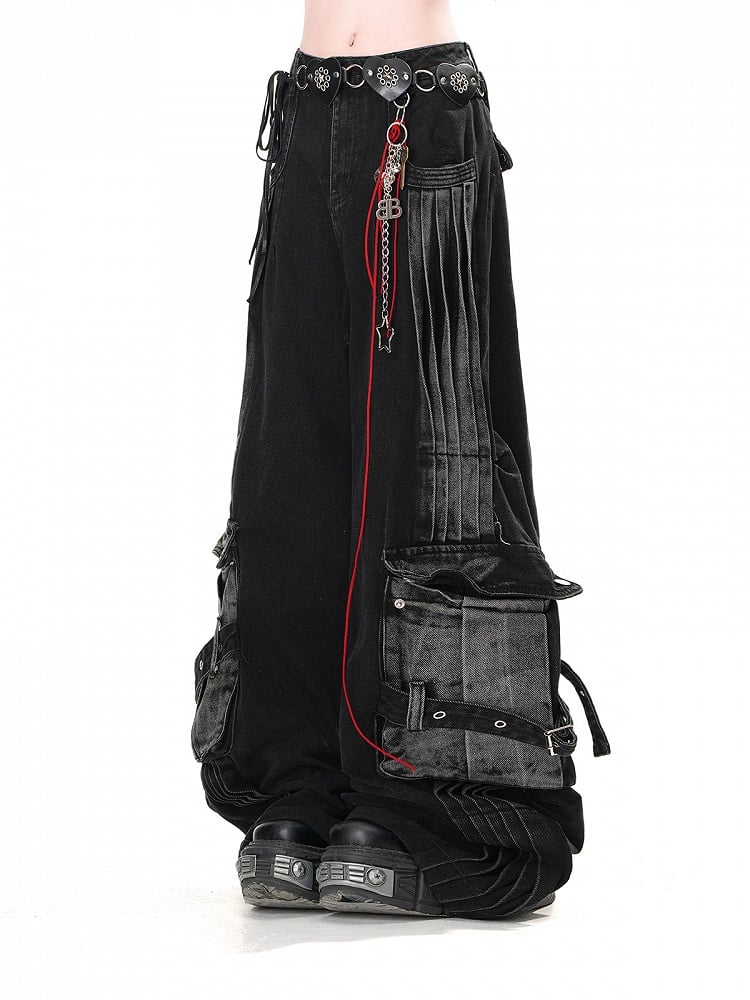 Black Faded Wash Cargo Pockets Loose Wide-Leg Jeans