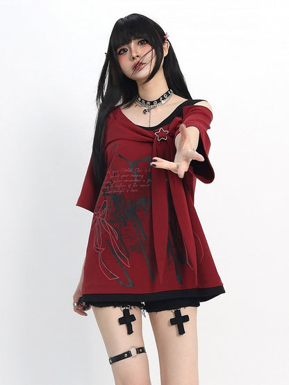 Cutout Shoulder Tee with Bow Print in Red - Catwish