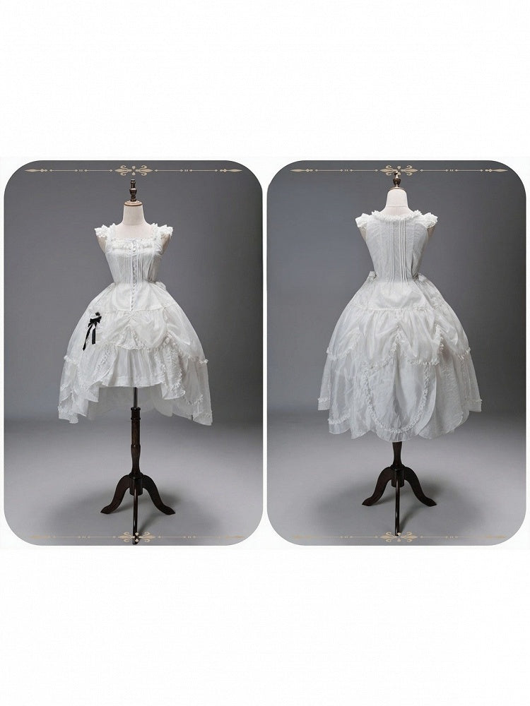 White Flutter Sleeve Petal Hem JSK with Bunny Hood & Lace Skirt Ensemble