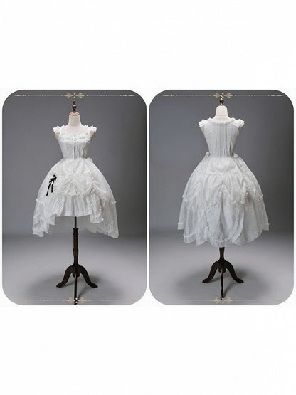 White Flutter Sleeve Petal Hem JSK with Bunny Hood & Lace Skirt Ensemble