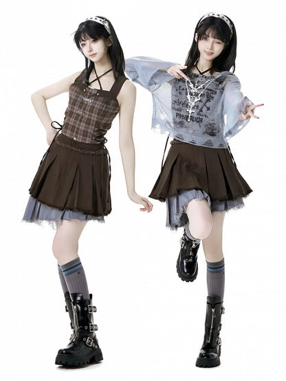 Rock mit ausgefranstem Saum, gestuft, grau, asymmetrisches Design und Colorblock, braun