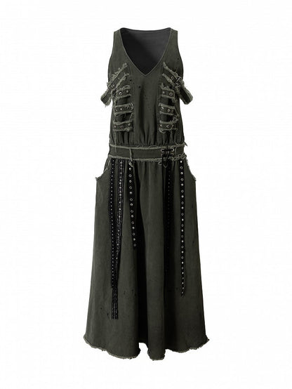 Metal A-Line Straps Punk Oversized Green Dress Edges Vest Eyelet Dark with Raw