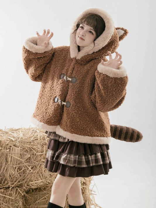 ブラウンフリース レッサーパンダの耳付きフード付き冬用コート
