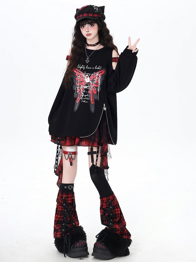 Red Lace-up Plaid with Design Gothic Bottom Leg Warmers Black Fuzzy Cuff