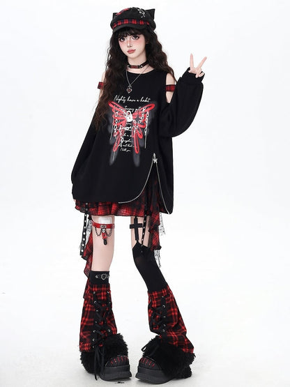 Red Lace-up Plaid with Design Gothic Bottom Leg Warmers Black Fuzzy Cuff