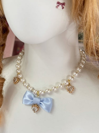 Blue/Gray Beaded Rhinestone And Necklace Heart Bowknot Pendant
