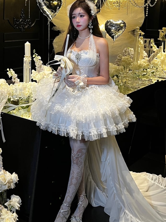 Weißes Hanayome Lolitacore-Kleid mit Neckholder und baskischer Taille zum Selbstbinden