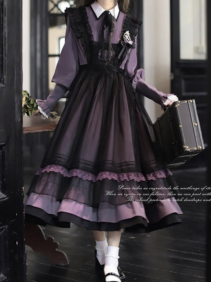 Front with Trim Embroidery Detail and Mesh Apron Dress Purple Lace Black at