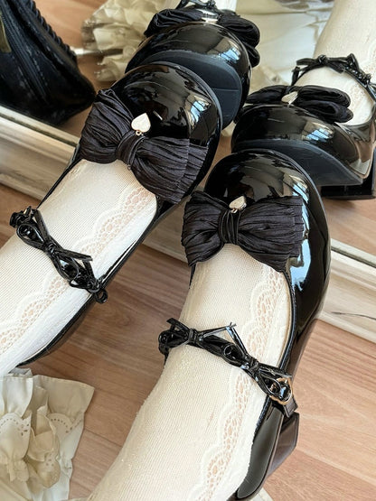 and Heel with for Sweet Lolita Low/Mid Bow Janes Toe Mary PU Details Accents Heart Black - Round