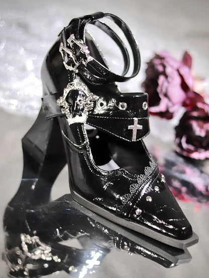 Textured Metal Cross Block Heels Buckles Punk in Black Coffin Chunky 8.5/5cm Gothic Toe with Pointed