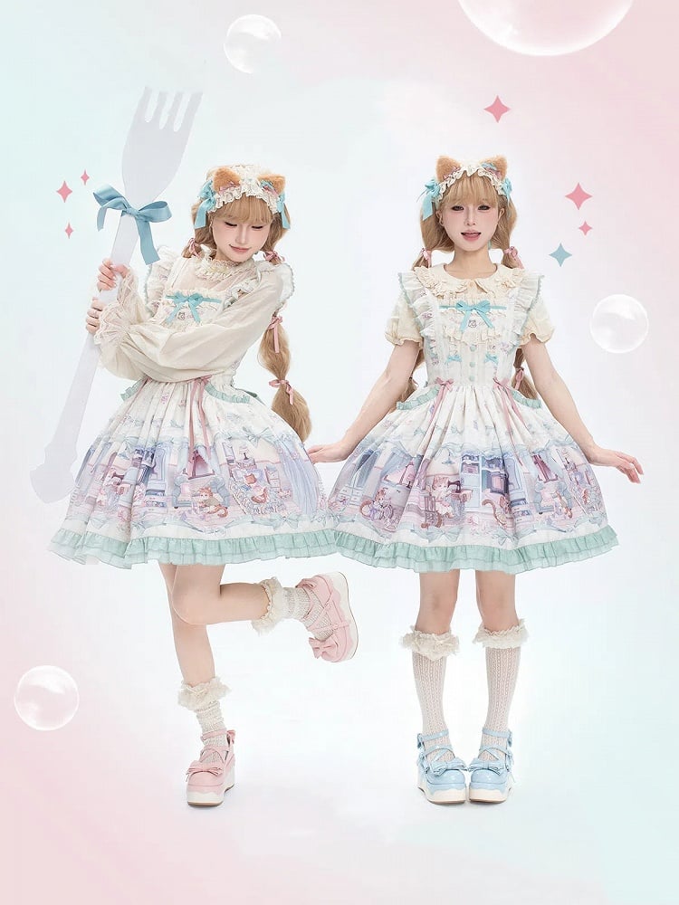 かわいい子猫と緑のリボンのスイートロリータドレス、ひらひらショルダーストラップのジャンパースカート