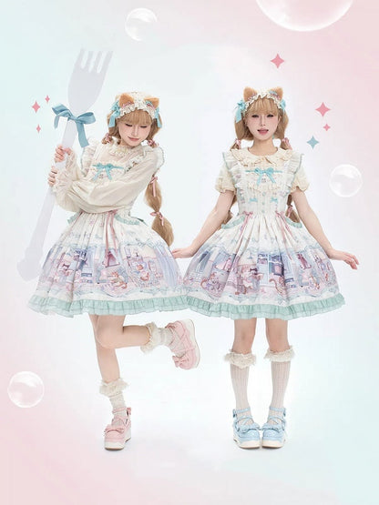 かわいい子猫と緑のリボンのスイートロリータドレス、ひらひらショルダーストラップのジャンパースカート
