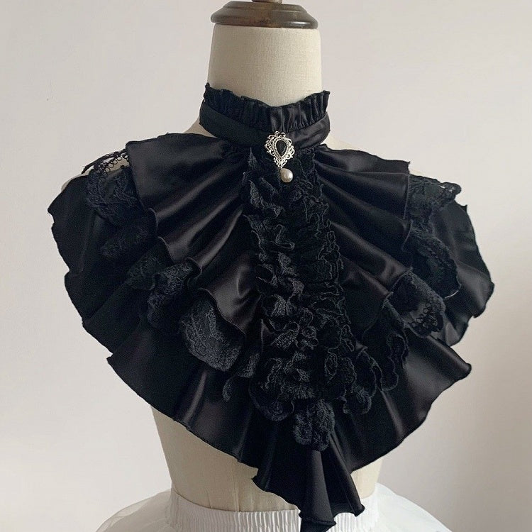 White and Black Jabot with Elegant Ruffled Neckline Detail