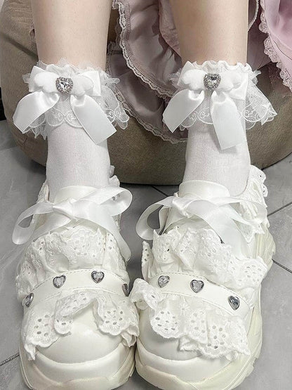 Kei Decoration Jirai Wing-Inspired with Ruffled Bow Socks Colors Rhinestone 4