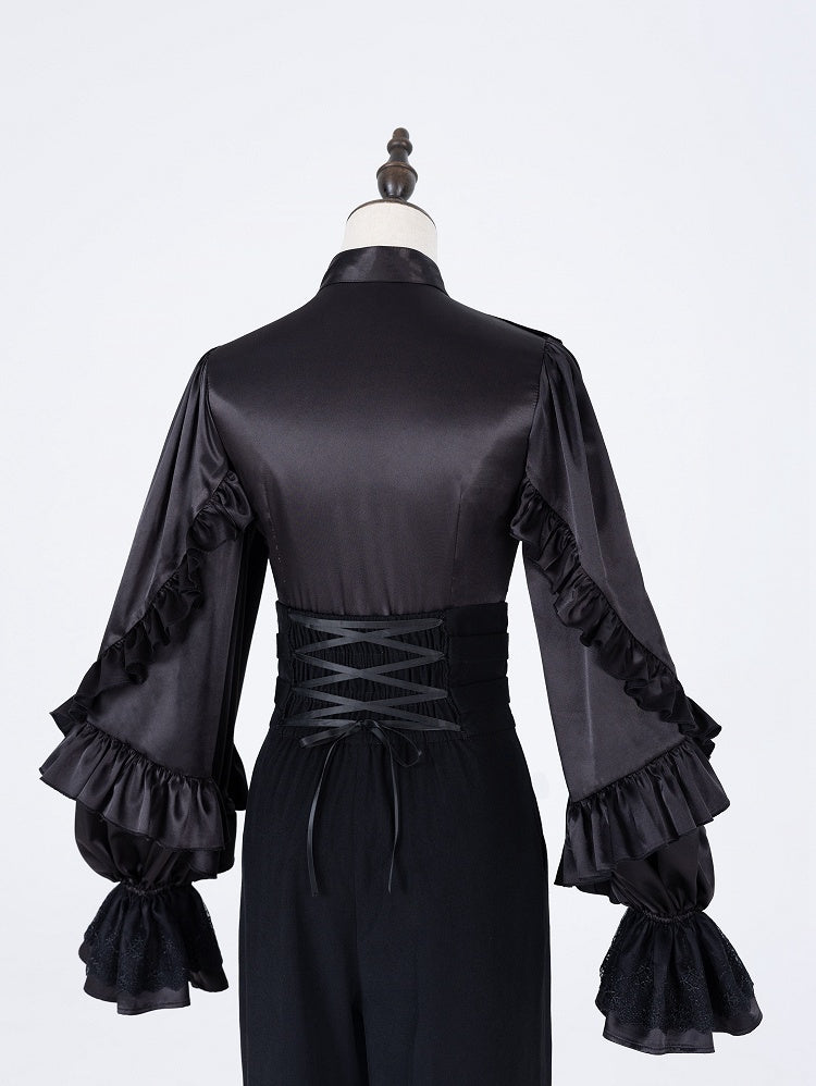 All-Black Ruffled Bodice Shirt with Flounce Trim and Long Sleeves - DevilInspired Exclusive Collection