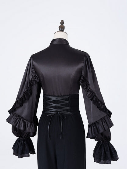 All-Black Ruffled Bodice Shirt with Flounce Trim and Long Sleeves - DevilInspired Exclusive Collection