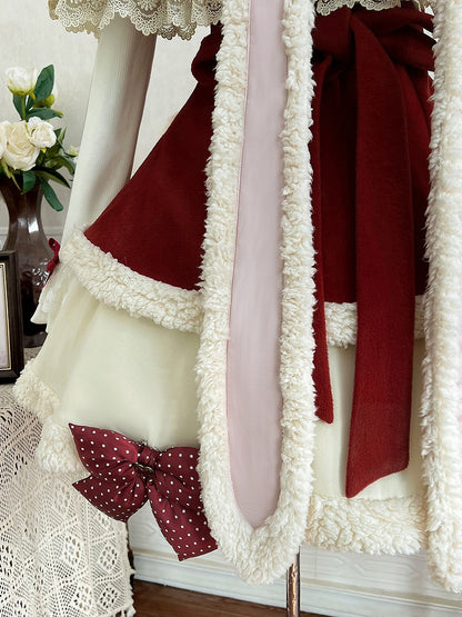 Ears Red Knitted Cape Skirt JSK - Sweet Lolita Dress Winter + Bunny Set Bear-Themed Top Short White