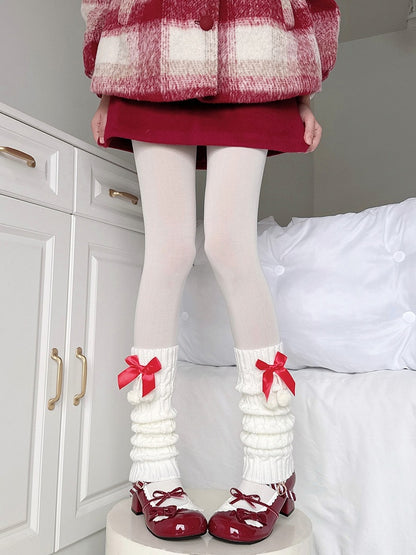Red Decorations Leg Warmers with 40CM Pom-pom White Knitted Bow