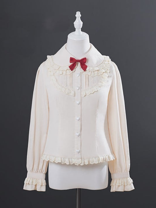 Collar Long-Sleeve Ruffled Beige Pan with Peter Blouse
