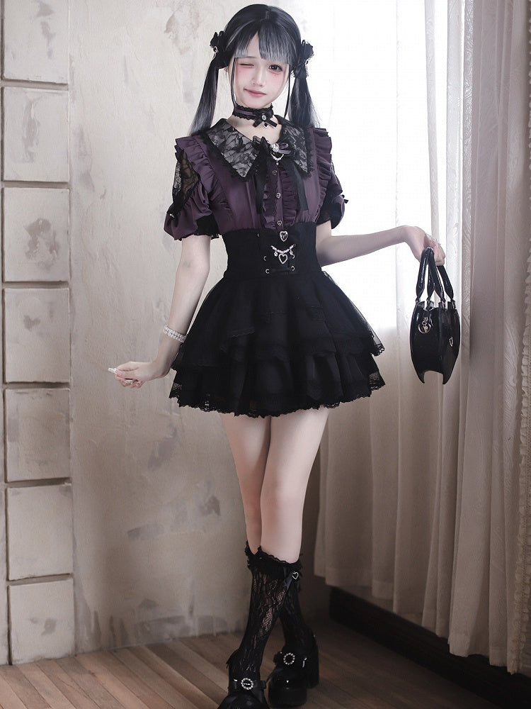 Jirai Kei Purple Lace Cutout Shoulder Short Sleeve Blouse with Ruffle Details - Ekomi