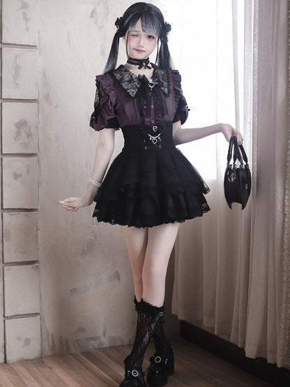 Jirai Kei Purple Lace Cutout Shoulder Short Sleeve Blouse with Ruffle Details - Ekomi