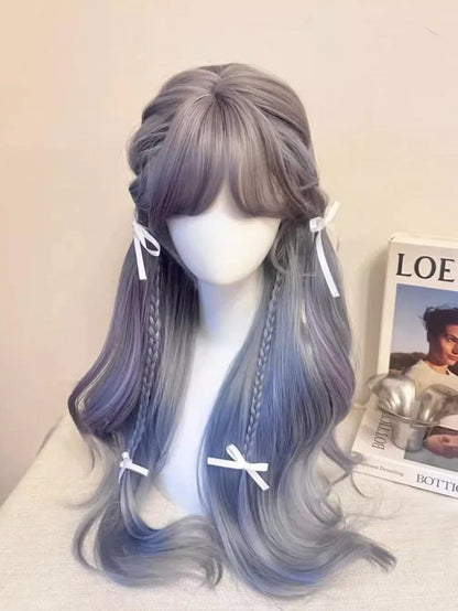 with Wig Wavy Blue Long Bangs 70CM Dusty Full
