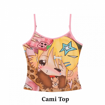 ピンクのY2K漫画ガールプリントTシャツ/キャミソールトップ