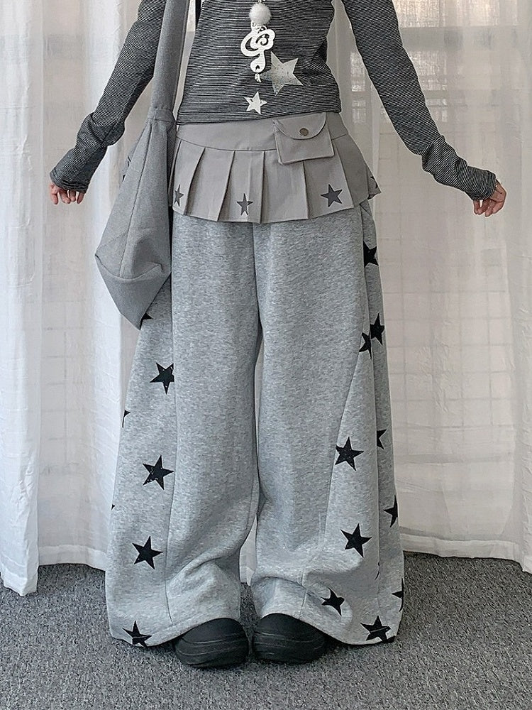 Black/Gray Curved Leg Pants with Star Print - Solkatt