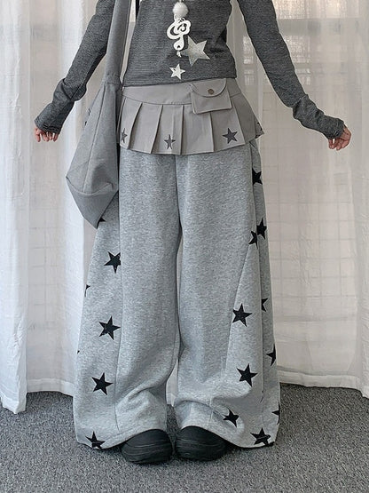 Black/Gray Curved Leg Pants with Star Print - Solkatt