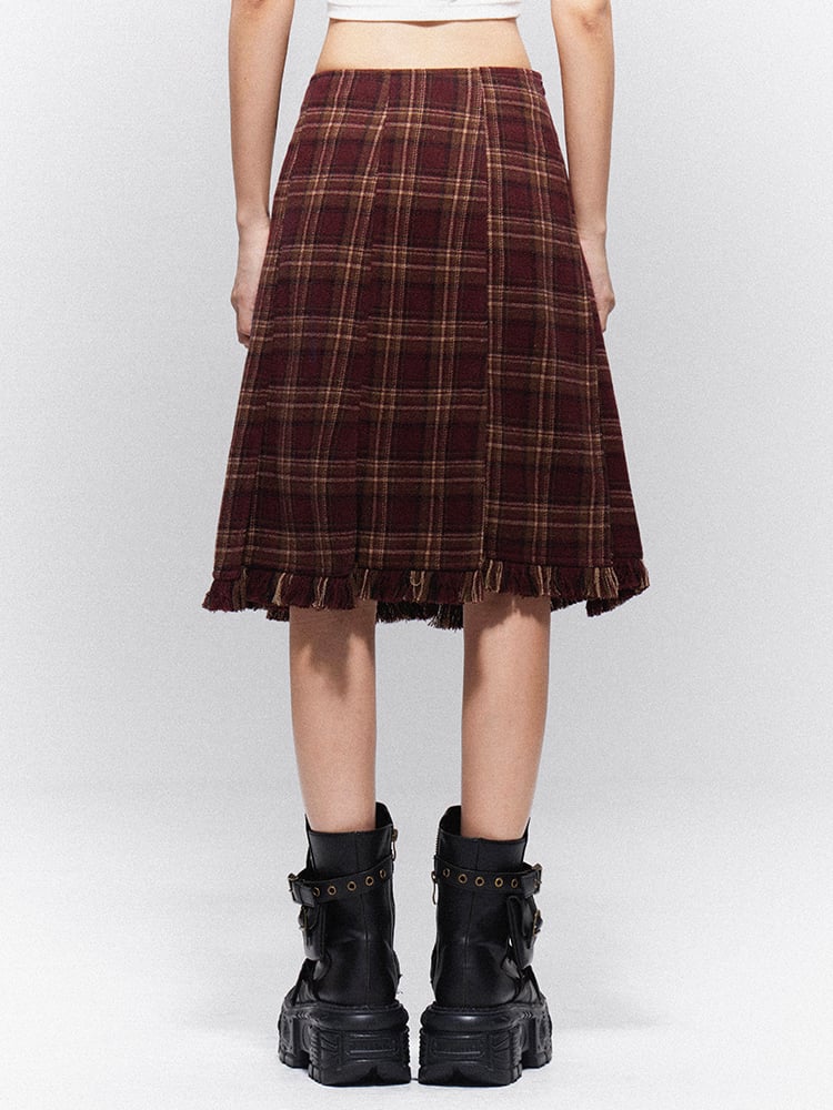 Raw Plaid Hem with Vintage Prep Brown-Red Skirt