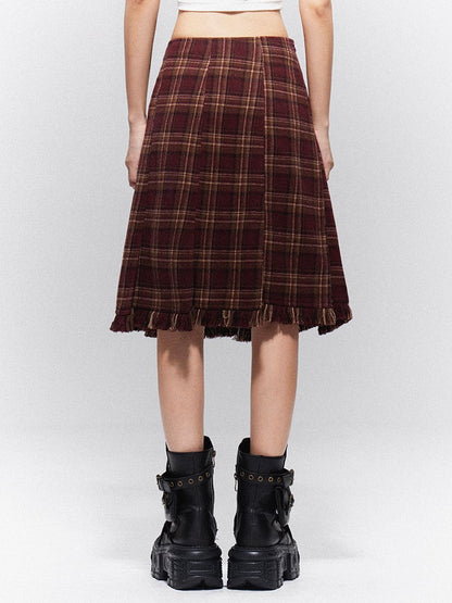 Raw Plaid Hem with Vintage Prep Brown-Red Skirt