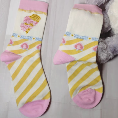 Pink&Yellow Sweet Lolita Bowknot Striped Calf Socks