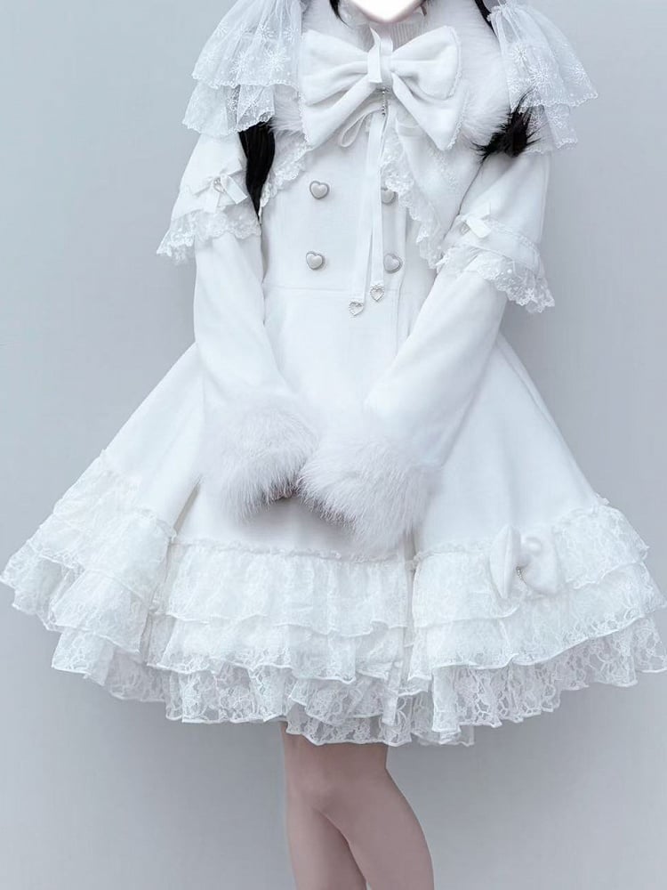 Jirai Kei White Tiered Lace Coat with Detachable Cape and Shaggy Collar