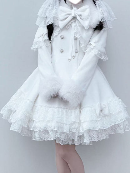 Jirai Kei White Tiered Lace Coat with Detachable Cape and Shaggy Collar