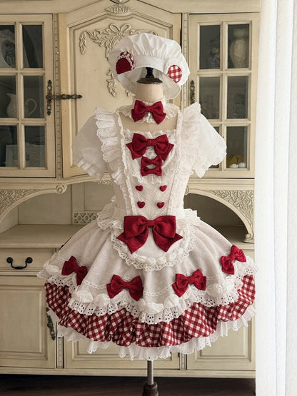 Red & White Sweet Plaid Lace Trim Bow Lolita OP with Apron - Asleep Townlet
