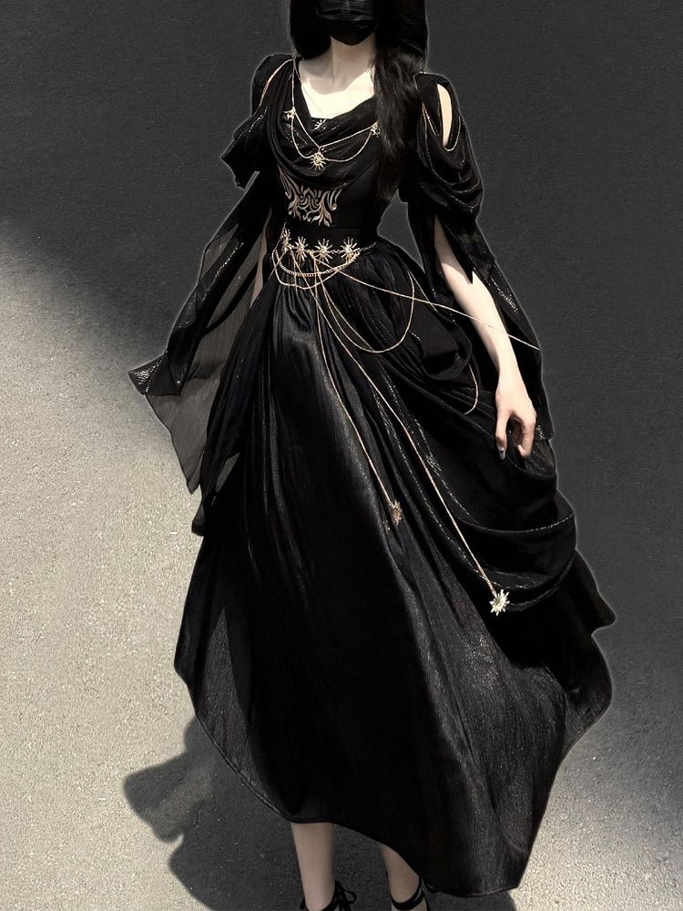 Embroidery Flowing and Sleeves Dress Black Golden Lolita Greek-inspired Chain Accents with