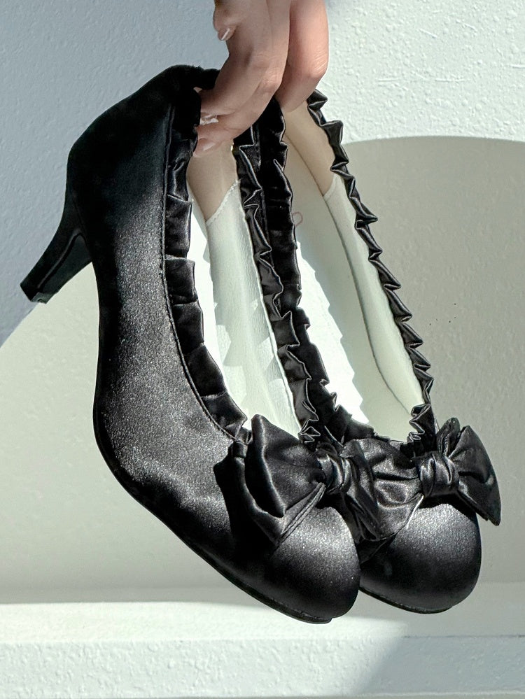 with Shoes Mid-heel in Interchangeable Elegant Lolita Snaps Satin Black Bow Trim Ankle Ruffles Top