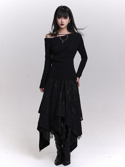 Black/White Butterfly Appliques Tiered Skirt with Handkerchief Hem & Lace Trim