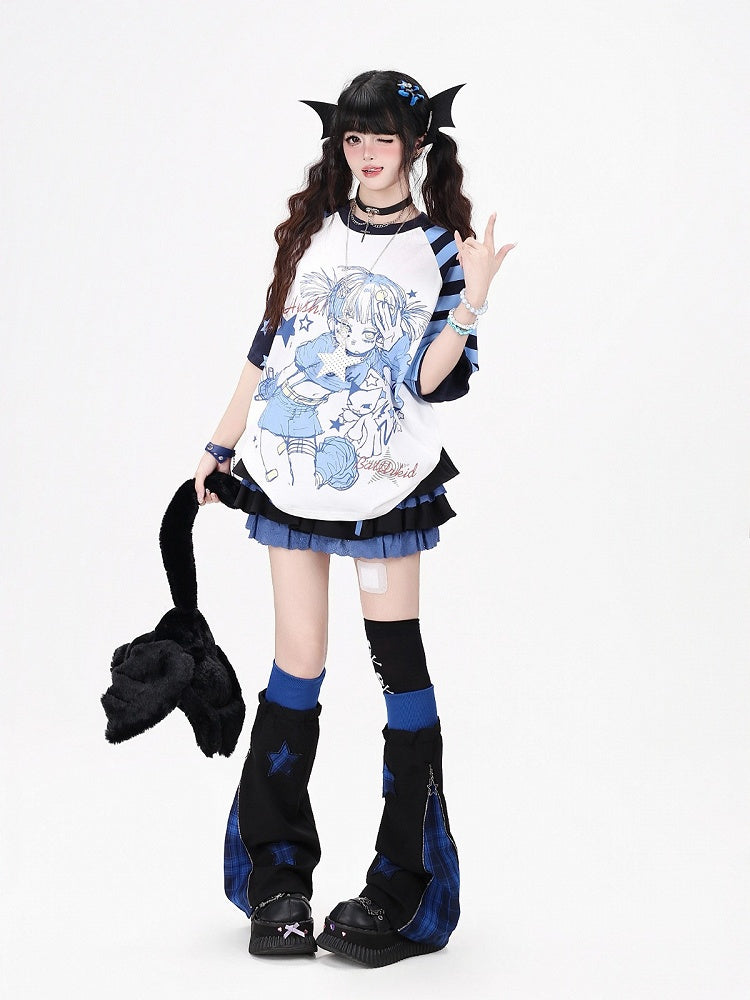 Otaku Kawaii Star-Stripe Tee with Anime Girl Graphic, Blue White - CRAZY GIRL