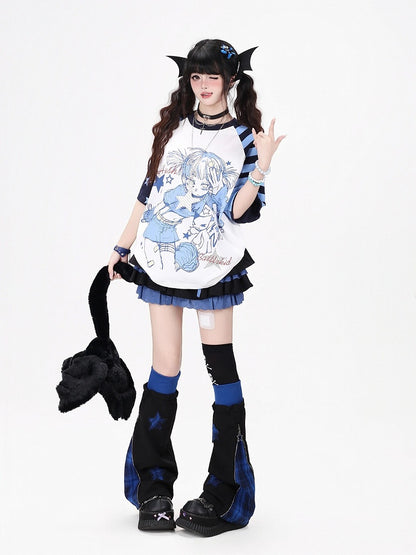 Otaku Kawaii Star-Stripe Tee with Anime Girl Graphic, Blue White - CRAZY GIRL