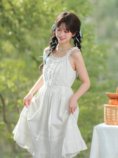 White Ruffled Trim Bow Detail Knee Length Sleeveless Dress