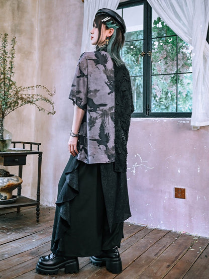 Gothic Crow-Print Asymmetric Shirt in Black & White - Quirky Hut