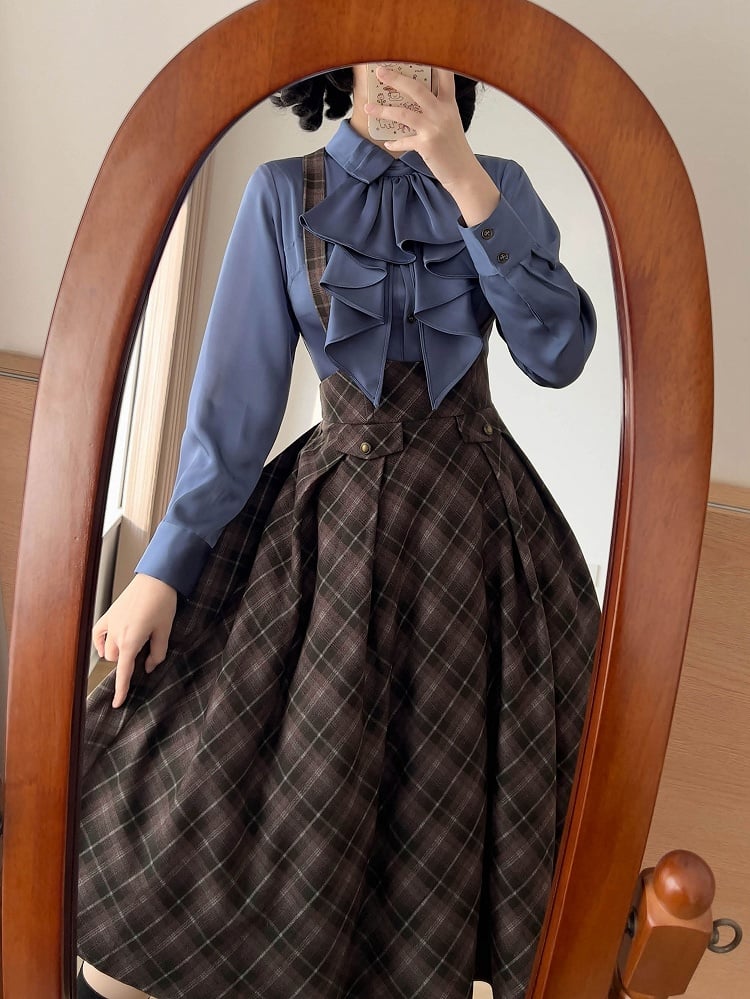 Elegant Satin Fitted with Long Jabot Sleeves Tie Blue Shirt