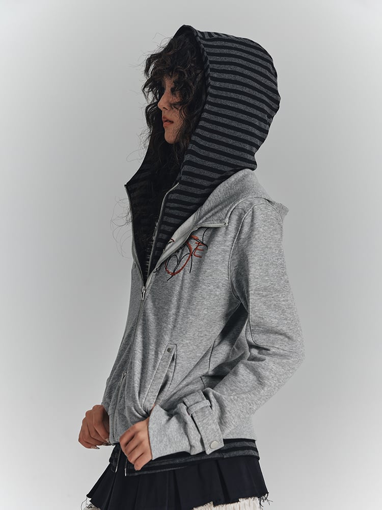 Hooded Wing Embroidery Hoodie Two-in-One Striped Inner Gray with Crop Punk Jacket