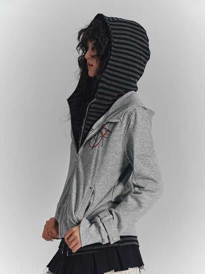 Hooded Wing Embroidery Hoodie Two-in-One Striped Inner Gray with Crop Punk Jacket